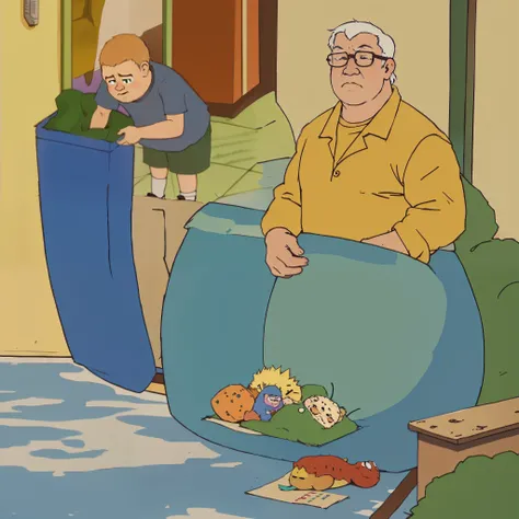 un primer plano de un personaje de dibujos animados poniendo algo en un bote de basura, Bill Dauterive, Rey de la colina, giga chad llorando, dibujos animados de los 90, Boomhauer, Peter Griffin body type, amigo de la infancia, Peter Griffin, eric cartman ...