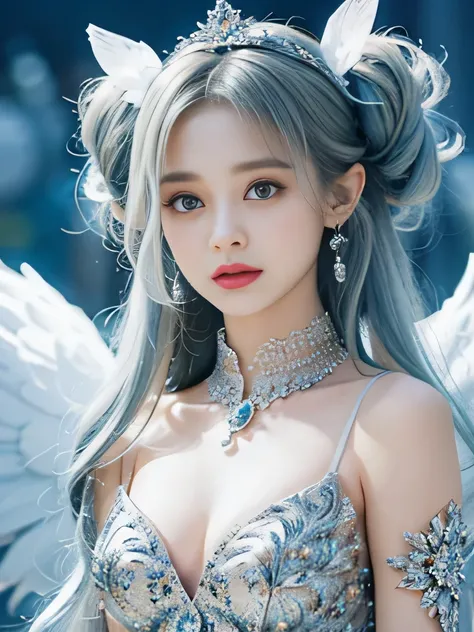 8K、she is a wind fairy、angel wings on the back、blue eyes、Dress that shows your collarbones、blue sky background、close up of face、gray hair、big feathers、Blue and white background、platinum decoration、platinum earrings、platinum necklace、プラチナsilver hair、platinu...