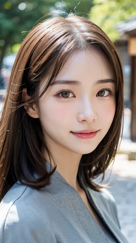 with the alleys of kyoto in the background、18 year old girl、independent、facing forward、light eye makeup、brown hair color、flat 、h...