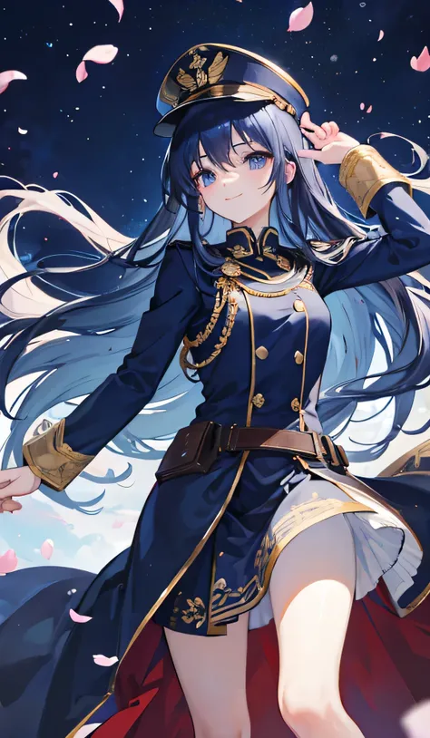 masterpiece、highest quality、Detailed CG、dark blue long hair、navy blue eyes、flowing hair、smile、flying petals、uniform、military cap、amazing background、look up from below