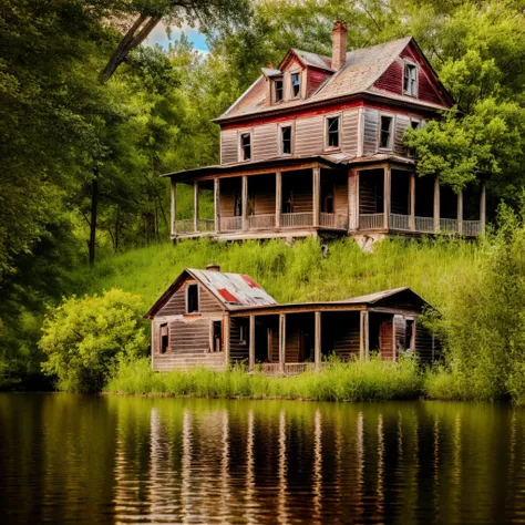 abandoned house by the lake,landscape, water, (8k wallpaper of extremely detailed cg unit), most beautiful works of art in the w...