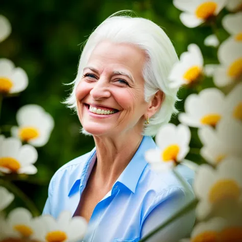 masterpiece, best quality, 1girl, white hair, smiling, looking at viewer, adult, fully mature, holding flower