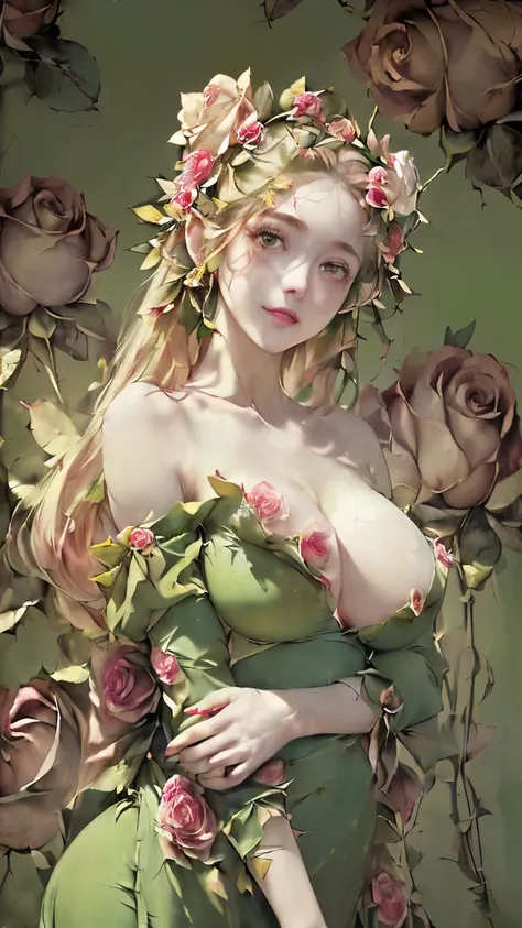 (((Masterpiece))),((top quality)),one beautiful girl,Pale, (A character who personifies a rose: 1.5), (A rose flower on my head:1.5)、(big breasts:1.5)、(belly button)、(green leaf clothes:1.5)),(plain clothes), (skin revealing),(The background is a flower ga...