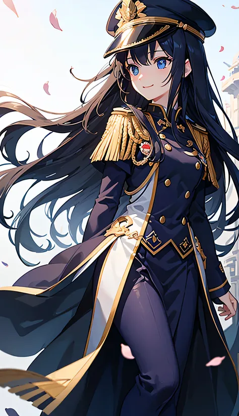 masterpiece、highest quality、Detailed CG、dark blue long hair、navy blue eyes、flowing hair、smile、flying petals、uniform、military cap、amazing background、look up from below