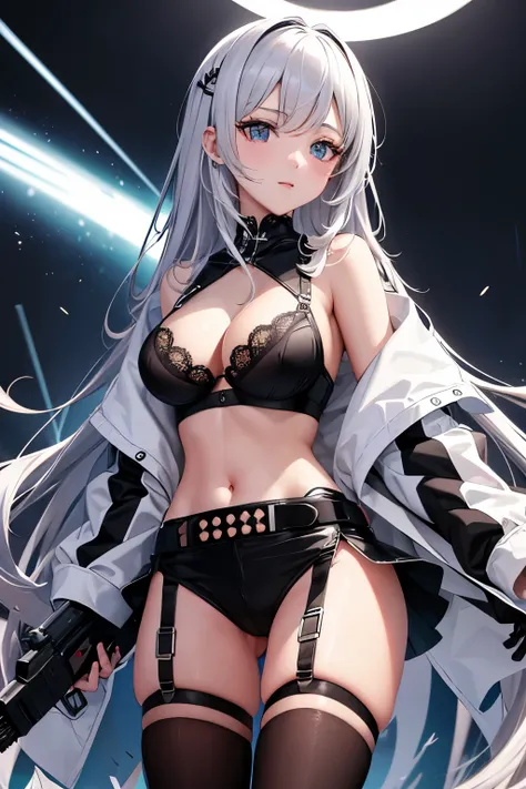 （（high quality、masterpiece、detailed、normal body、５This finger、Precise、delicate））、beautiful girl gunner（（C cup、have a gun、silver hair））、black racy jacket、Black and white bra、racy white and blue miniskirt、torn bra、Tattered jacket、exposed skin、torn skirt with ...