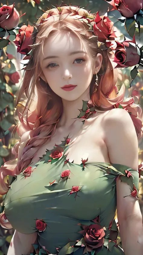 (((masterpiece))),((highest quality)),one beautiful girl,pale, (A character who personifies a rose: 1.5), (Her hair is a thorny rose stem:1.5)、(big breasts:1.5)、(belly button)、(rose leaf clothes:1.5)),(private server), (exposure of skin),(The background is...