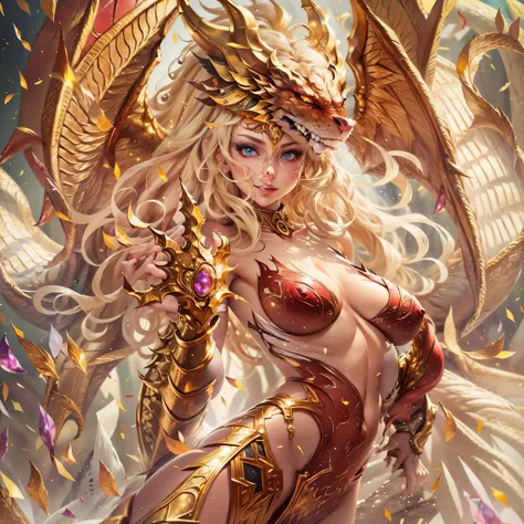 (best quality,4k,8k,highres,masterpiece:1.2), ultra-detailed, realistic, naked sexy dragon woman with gold glittering scales, skin is glittering golden scales, long wavy blonde hair with red highlights, very playful but mischievous smile, huge tits, gigant...