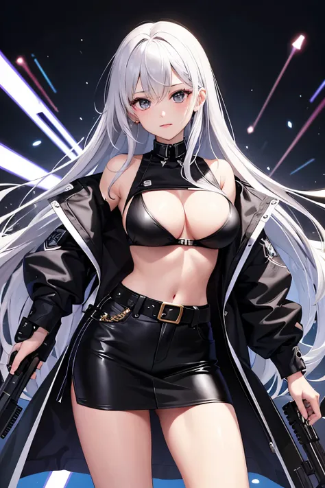 （（high quality、masterpiece、detailed、normal body、５This finger、Precise、delicate））、beautiful girl gunner（（C cup、have a gun、silver hair））、black racy jacket、white bra、white high leg pants、racy white and blue miniskirt、torn bra、Tattered jacket、exposed skin、parti...