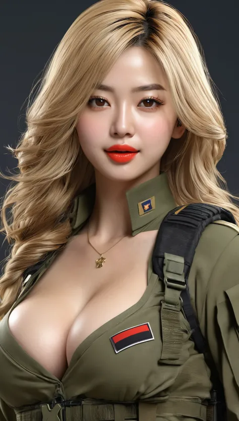 (((hyper real)))、超未来的なfemale soldier、陸軍female soldier、Beautiful woman　High level image quality　High resolution　realistic　blonde woman、mature woman、((big big tits))、Fine skin texture、超High resolution、realistic、plump body shape、smile、中年Beautiful woman、beauti...