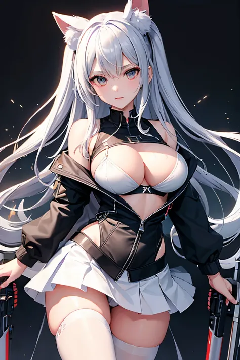 （（high quality、masterpiece、detailed、normal body、５This finger、Precise、delicate））、beautiful girl gunner（（C cup、have a gun、silver hair））、black racy jacket、white bra、white high leg、digs into the crotch、racy white and blue miniskirt、torn bra、Tattered jacket、exp...