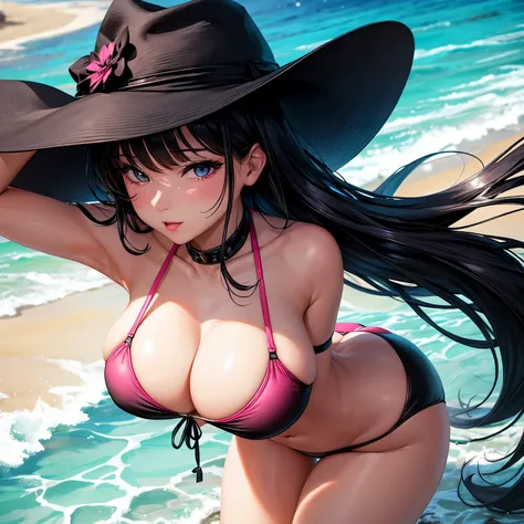 Sexy beautiful white short hair girl with black sexy bikini do sex on cowgirl position on beach and beside her that a black long hair girl with sexy pink bikini do blowjob 