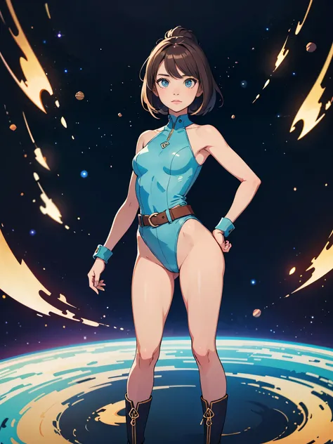 (((pixel-perfect, detail-perfect))), 1girl, superhero, leotard, highleg leotard, bare legs, boots, standing straight, solo focus, golden belt, hands on hip, full body shot, outer space, sleeveless, ultra highres, absurdres, beautiful face, detailed eyes, s...