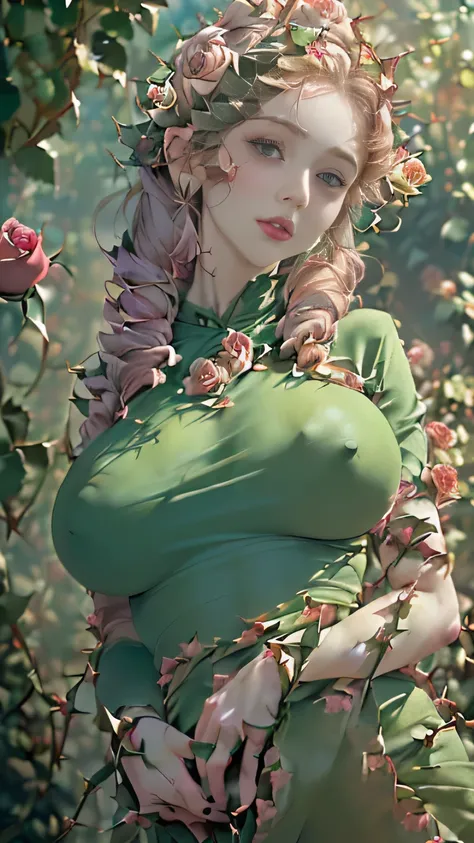 (((masterpiece))),((highest quality)),one beautiful girl,pale, (A character who personifies a rose: 1.5), (Her hair is a thorny rose stem:1.5)、(big breasts:1.5)、(belly button)、(green clothes made from rose leaves:1.5)),(private server), (exposure of skin),...