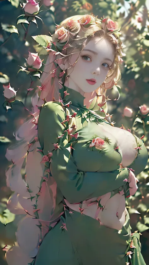 (((masterpiece))),((highest quality)),one beautiful girl,pale, (A character who personifies a rose: 1.5), (Her hair is a thorny rose stem:1.5)、(big breasts:1.5)、(belly button)、(green clothes made from rose leaves:1.5)),(private server), (exposure of skin),...