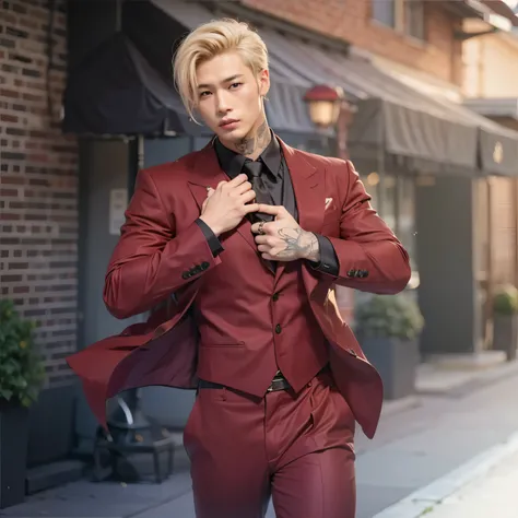 handsome japanese man, 30 anos, slim and athletic, pale skin, olhos dourados, cabelos multicoloridos, rose tattoos on neck, dark red cotton suit, elegante, confiante, mafia boss