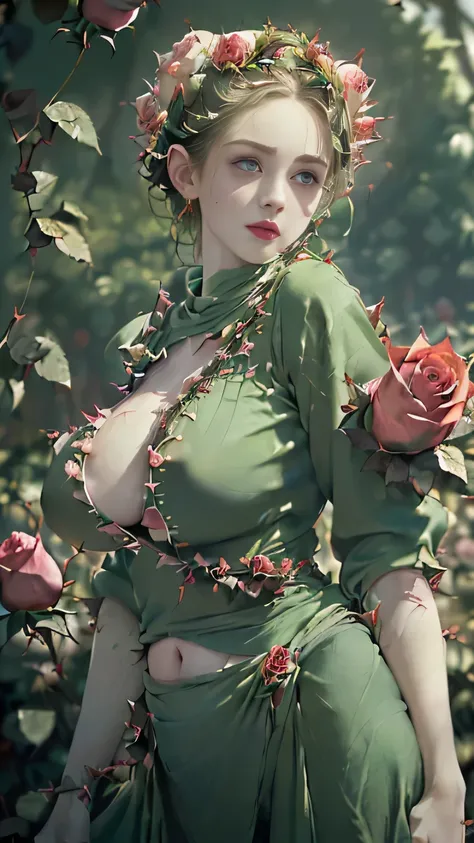 (((masterpiece))),((highest quality)),one beautiful girl,pale, (A character who personifies a rose: 1.5), (Her hair is a thorny rose stem:1.5)、(big breasts:1.5)、(belly button)、(green clothes made from rose leaves:1.5)),(private server), (exposure of skin),...