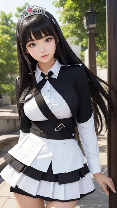 ((high quality)), ((high resolution)), (detailed face), (highlight), princess、Big breasts、blunt bangs、black hair、mini skirt、white combat uniform