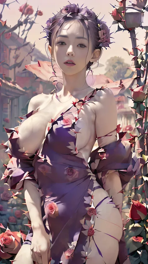 (((masterpiece))),((highest quality)),one beautiful japanese girl,pale, (A character who personifies a rose: 1.5), (Her hair is a thorny rose stem:1.5)、(big breasts:1.5)、(belly button)、(clothes made from rose leaves:1.5)),(private server), (exposure of ski...