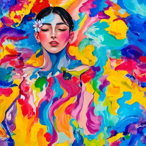 offcial art,colorful background, a beautiful woman with delicate facial features,flower arms, colorful and colorful silks cover ...