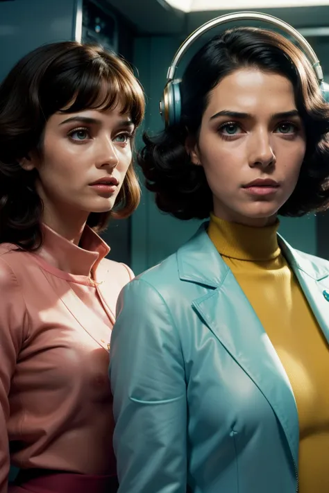 4k image from a 1970s science fiction film, imagem real, Estilo Wes Anderson, pastels colors, a man between two women wearing retro-futuristic fashion clothes and futuristic technological ornaments and devices, Luz Natural, cinemactic, Psicodelia, futurist...