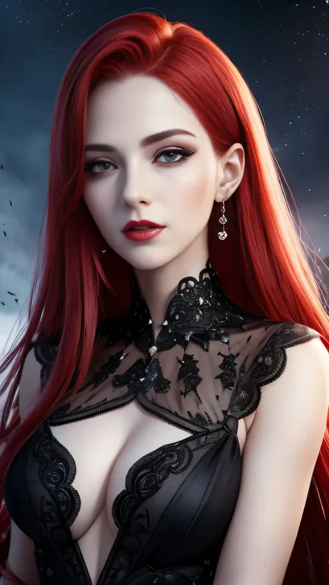 portrait shot, ((vivid red hair)), mature woman, 30 years old, diamond face, moonlight, red starry sky background, depth of field, magic, big red lips, ((dark black eyes)) black and red long and full dress, covered chest, mystical atmosphere, ominous shado...