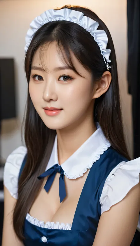 close-up shot of beautiful korean female, 36 inch breasts size, straight hair, slightly smile, wearing dresed in a blue, black and white themed sleeveless collared maid uniform, sitting in the backstage room