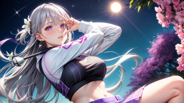 realistic, 1 girl, gray hair, purple eyes, shining eyes, crop top, skirt, parted lips, blush, night, flowers, sun, sunlight,Have a golf swing、golf woman with big 、peace sign、