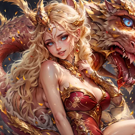 (best quality,4k,8k,highres,masterpiece:1.2), ultra-detailed, realistic, naked sexy dragon woman with red gold glittering scales, skin is glittering ruby and golden scales, long wavy blonde hair with red highlights, very playful but mischievous smile, huge...