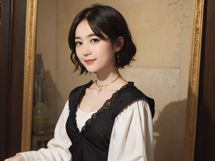 185 short hair, 20 year old female, gentle smile, (rembrandt style painting), (chest:1.46), long skirt
