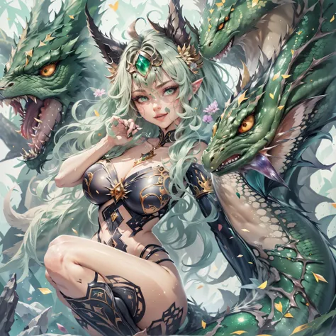 (best quality,4k,8k,highres,masterpiece:1.2), ultra-detailed, realistic, naked sexy dragon woman with green glittering scales, skin is glittering emerald green scales, medium length wavy green hair with blonde highlights, very playful but mischievous smile...