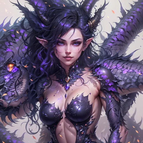 (best quality,4k,8k,highres,masterpiece:1.2), ultra-detailed, realistic, naked sexy dragon woman with violet glittering scales, skin is glittering amethyst purple scales, medium length black hair with white highlights, very playful but mischievous smile, h...