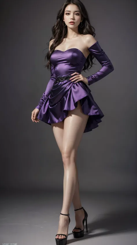 highest quality,masterpiece,ultra high resolution,(actual:1.4),original photo,ultra high resolution，8K，there is a woman，Fair skin，big waves，Collaboration miniskirt dress of medium purple and cool black:1.5，high heels，long legs:1.5，bright and beautiful，high...