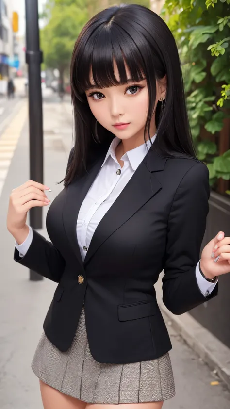 ((high quality)), ((8k)), (detailed face), (highlight), female、Big breasts、blunt bangs、black hair、blazer、mini skirt、