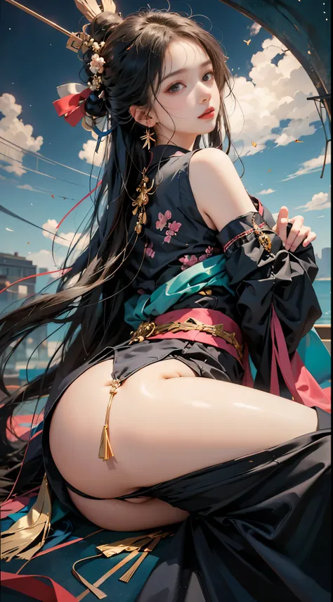 ((highest quality)),((excellent quality, 8K, masterpiece: 1.5)), The genitals are clean: 1.4, perfect body beauty: 1.4,  sexy hanfu clothes，sexy hanfu clothes，I can see your pants，gray hair，wet skin, sleeping in bed，back stance，pointy butt，round butt，point...