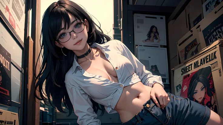 18 year old girl, 
long black hair, big eyes, sweet smile, small breasts, thin hips,
glasses, choker collar, unbuttoned white shirt, red bra, jean shorts,
record store, vinyl,
open door, open window,
evening, nighttime
dramatic lighting, cinematic lighting...