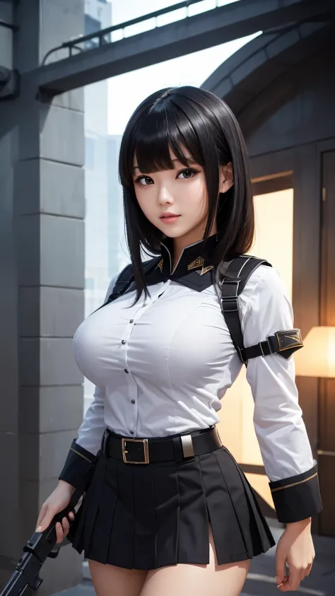 ((high quality)), ((8K)), (detailed face), (highlight), woman、big breasts、dull bangs、black hair、combat uniform、skirt、