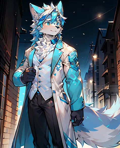 only，hairy male，hairy chest，Coyotes，canine，blue and white fur，long white hair，The ends of the hair are purple，bright blue eyes，charming，Handsome，big tail，Blue highlights，white trench coat，technological background，stand，High，Handsome，Ha ha，Beautifully，maste...