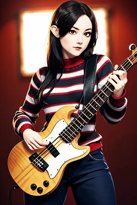 (masterpiece, ultra detailed) ((marceline)), (adventure time character), ((black eyes)), (playing an axe bass), ((blue skin)), (...