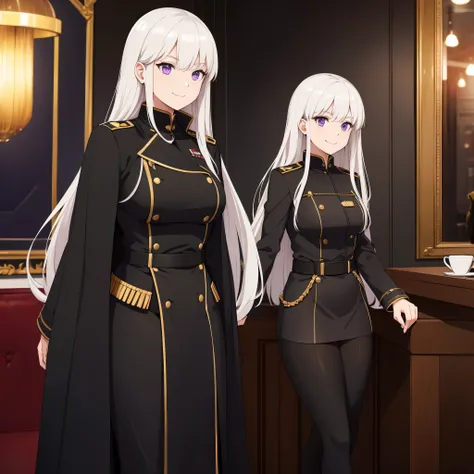 A woman in a black military coat with gold details, short black skirt, in a cafe, long white hair, purple eyes, smiling, ultra resolution, masterpiece, 2k.
