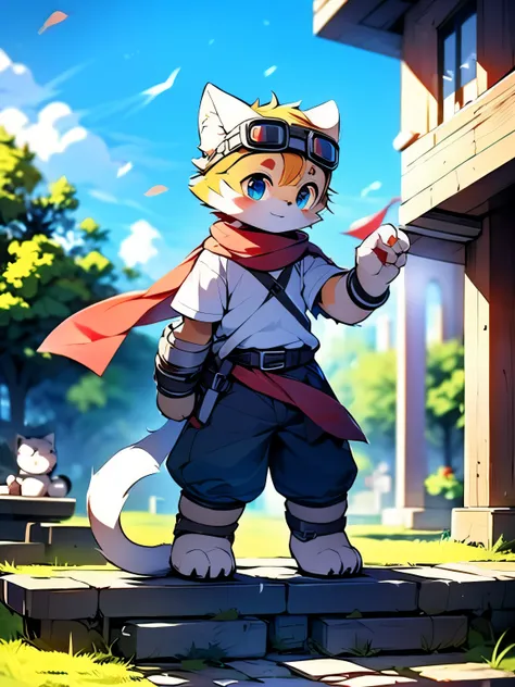 photo，alone，Strong，warrior，male，youth，white cat，red scarf，blue cloth armor，blue goggles，Metal wristband，metal shin guards，gray eyes，black belt，Explore the ruins，confident expression，Determined gaze
