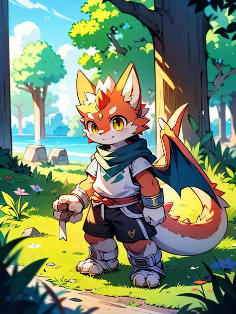 photo,alone,Pastel style,adventure animation style,Strong,warrior,male,juvenile,dragon,brown cloak,white armor,White shirt,Metal wristband,metal shin guards,golden eyes,白色dragon角,dragon尾,adventurer,Brown shorts