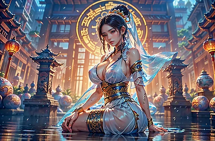 （full body picture，full body display），((epic composition，Ancient battlefield of China，A woman wearing a flowing white gauze skirt，water goddess，water dragon，In the distance is the tall city wall，whole body xianxia，from below，Rich scene details，Water mist，f...