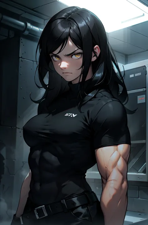 ((1 girl)), extremely long hair, solo, ((muscular)), veins, black hair, yellow eyes, pale skin, strong, veins, abs, big , frown, dark atmosphere uhd best quality 16k chiaroscuro god rays cinematic lighting backlighting ray tracing chromatic aberration drop...