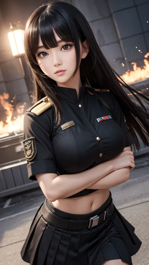 ((highlight)), ((8k)), (detailed face), female、Big breasts、blunt bangs、black hair、combat uniform、skirt、