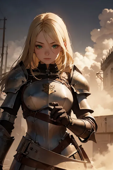 1girl, fantasy background, fantasy character, (((steam punk))), ((blonde hair)), ((green eyes)), (((knight)))