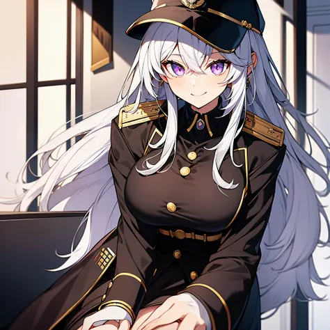 A woman in a black military coat with gold details, short black skirt, in a cafe, long white hair, big breast, purple eyes, smiling, ultra resolution, masterpiece, 2k.
