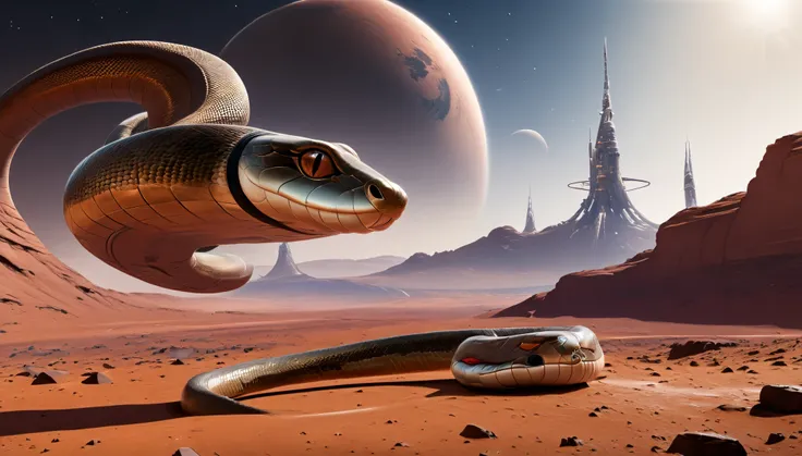 Super realism, a small cute snake in a red spacesuit, in casual sports shoes, trying to climb onto a spaceship standing on the surface of Mars, in the background there is another large spaceship, a mystical Martian city in steampunk style is visible even f...