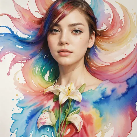 wtrcolor style, digital art of (lilies), official art, blown by the wind, masterpiece, beautiful, ((watercolor)), paint splatter, intricate details. Great detail, [dripping:0.5], trending on Artstation, Rachel Walker