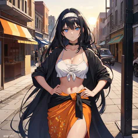 In the heart of a bustling city, influenced by the unique world of Mirai Nikki, a girl clad in a , with long, flowing black hair and captivating blue eyes, stood alone. The sun was beginning to set, casting a warm orange glow over the cityscape. She wore t...