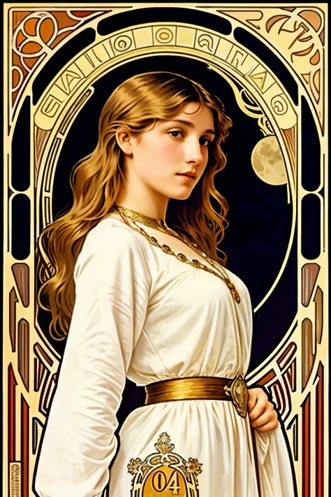 art nouveau alphonse mucha sobre la obra the moon donde la chica debe ser  cabello dorado en inteligencia artificial pero con vestido